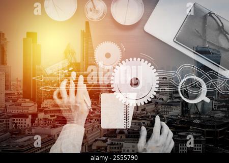 Thinking about structuring virtual diagram of business process with solutions. justice and law concept.businessman or lawyer or accountant working on Stock Photo