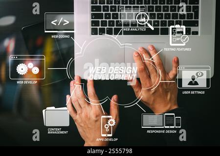 Developing programming and coding technologies with Website design in virtual diagram.cyber security internet and networking concept.Businessman hand Stock Photo