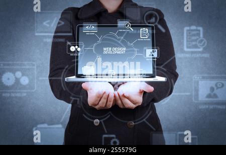 Developing programming and coding technologies with Website design in virtual diagram.businessman working with new modern computer. Stock Photo