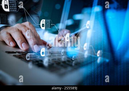 Blockchain technology concept with diagram of chain and encrypted blocks. designer hand working and smart phone and laptop on wooden desk in office Stock Photo