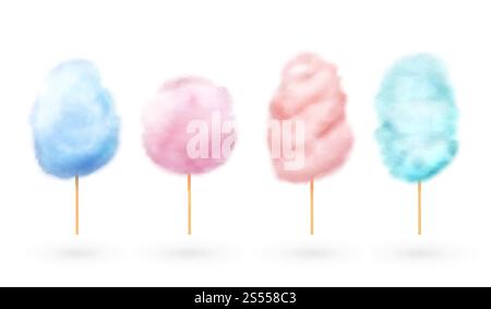 Cotton candy. Candyfloss, kids sugar yummy snack. 3d confectionery vector illustration isolated on white background. Illustration of sugar fluffy cloud on stick. Cotton candy. Candyfloss, kids sugar yummy snack. 3d confectionery vector illustration isolated on white background Stock Vector