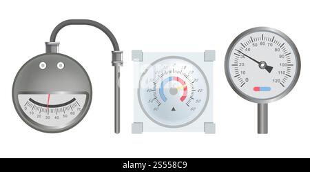 Thermometers with round scale for huge heating machines. Device for heat measurement with arrow that moves from blue zone to red isolated cartoon flat vector illustration set on white background.. Thermometers with round scale for huge heatingmachines Stock Vector