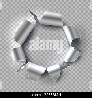 Metal hole. Exploding steel with torn, ripped edges isolated on transparent background. Vector grunge background. Illustration of hole in metal, break and torn aperture. Metal hole. Exploding steel with torn, ripped edges isolated on transparent background. Vector grunge background Stock Vector
