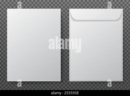 Envelope a4. Paper white blank letter envelopes for vertical document. Vector mockup isolated on transparent background. Envelope office mockup, paper letter mail illustration. Envelope a4. Paper white blank letter envelopes for vertical document. Vector mockup isolated on transparent background Stock Vector