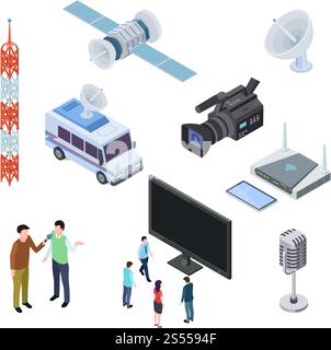 Broadcasting equipment. Television stream electronics. Tv antenna, satellite and camcorder. Telecommunications 3d isometric icons. Vector connection and broadcast television. Broadcasting equipment. Television stream electronics. Tv antenna, satellite and camcorder. Telecommunications 3d isometric icons Stock Vector