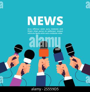 News concept with microphones. Broadcasting, interview and communication vector banner with handa holding microphones. Illustration of microphone for news, broadcasting live news. News concept with microphones. Broadcasting, interview and communication vector banner with handa holding microphones Stock Vector