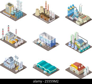 Isometric factory set. 3d industrial buildings, power plant and warehouse. Isolated vector collection. Industrial factory and warehouse, industry 3d manufacture production illustration. Isometric factory set. 3d industrial buildings, power plant and warehouse. Isolated vector collection Stock Vector