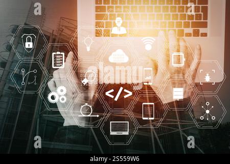 Coding software developer work with augmented reality dashboard computer icons of scrum agile development and code fork and versioning with Stock Photo