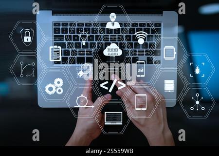 Coding software developer work with augmented reality dashboard computer icons of scrum agile development and code fork and versioning with Stock Photo