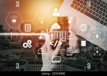 Coding software developer work with augmented reality dashboard computer icons of scrum agile development and code fork and versioning with Stock Photo