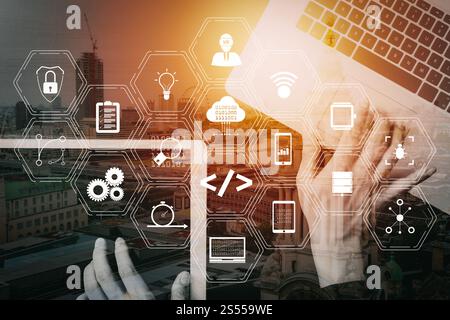 Coding software developer work with augmented reality dashboard computer icons of scrum agile development and code fork and versioning with Stock Photo
