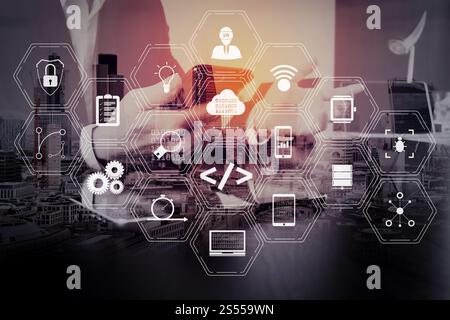 Coding software developer work with augmented reality dashboard computer icons of scrum agile development and code fork and versioning with Stock Photo