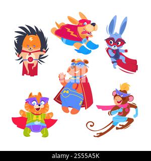 Superhero animal kids. Funny animals wearing superheroes costumes. Cosplay vector characters set. Illustration of protector and savior, hedgehog rabbit and monkey. Superhero animal kids. Funny animals wearing superheroes costumes. Cosplay vector characters set Stock Vector