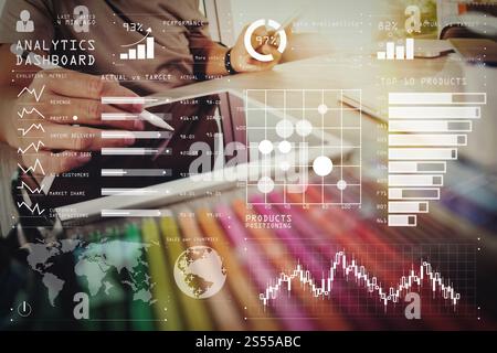 Intelligence (BI) and business analytics (BA) with key performance indicators (KPI) dashboard concept.Website designer working digital tablet and Stock Photo
