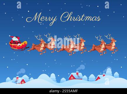 Santa Claus and reindeers. Santa flying over winter landscape. Christmas vector card. Greeting card holiday christmas illustration. Santa Claus and reindeers. Santa flying over winter landscape. Christmas vector card Stock Vector