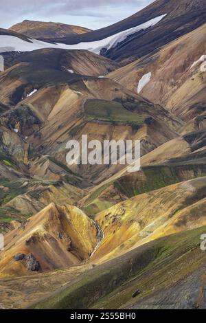 Small river between colourful rhyolite mountains, volcanic landscape, colourful erosion landscape, view from Sudurnamur peak, Landmannalaugar, Fjallab Stock Photo