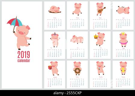 Calendar 2019 with cute pig. Funny cartoon pigs diary. Vector calendar template. Pig year calendar, planner template creative illustration. Calendar 2019 with cute pig. Funny cartoon pigs diary. Vector calendar template Stock Vector