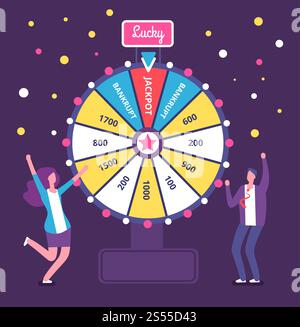 Fortune wheel with people. Man and woman spinning roulette wheel. Risk game and casino lottery vector concept. Illustration of winner people woman and man in casino. Fortune wheel with people. Man and woman spinning roulette wheel. Risk game and casino lottery vector concept Stock Vector