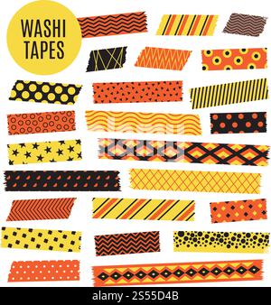 Halloween tape strips. Orange and black halloween patterns. Vector scrapbook elements strip ripped, ribbon sticker paper illustration. Halloween tape strips. Orange and black halloween patterns. Vector scrapbook elements Stock Vector