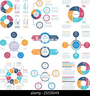 Infographic design. Pie charts and step circle diagram, text layouts bar graphs and histograms. Vector infographics set of color infochart illustration. Infographic design. Pie charts and step circle diagram, text layouts bar graphs and histograms. Vector infographics set Stock Vector