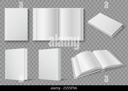 Book mockup. Blank white closed and open books. Textbooks and brochures isolated vector template. Cover book, white textbook and brochure, open paperback illustration. Book mockup. Blank white closed and open books. Textbooks and brochures isolated vector template Stock Vector