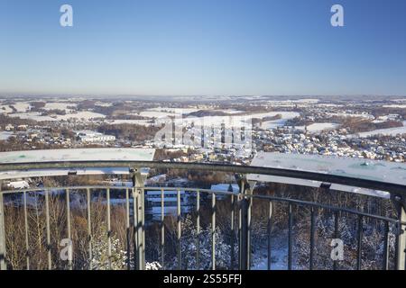 View from the Glueckauf Tower of snow-covered Oelsnitz in the Ore Mountains, Saxony, Germany, Europe Stock Photo