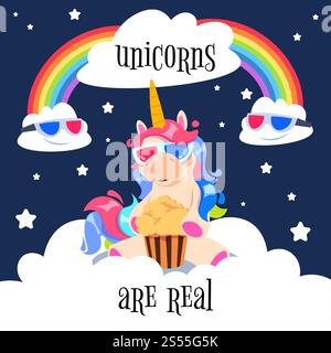 Cute magical unicorn with rainbow. Fantasy pony on clouds. Cartoon unicorn wallpaper vector design. Illustration of unicorn pony, fantasy horse magic for cinema banner. Cute magical unicorn with rainbow. Fantasy pony on clouds. Cartoon unicorn wallpaper vector design Stock Vector