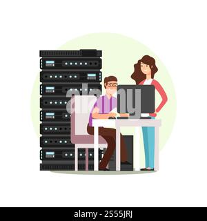Woman and man cartoon character. IT or computer engineers working together with data base, server. Vector illustration. Character engineers working with server Stock Vector