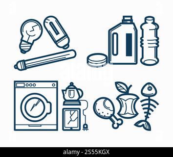 Broken appliances and dirty trash. Light bulbs with crack, empty bottles of chemical cleaning agents, spoiled devices and food remnants isolated cartoon flat monochrome vector illustrations set.. Broken appliances and dirty trash monochrome illustrations set Stock Vector