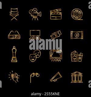 Golden entertainment and performance line vector icons. Shiny theater and cinema outline symbols illustration. Golden entertainment and performance line vector icons Stock Vector