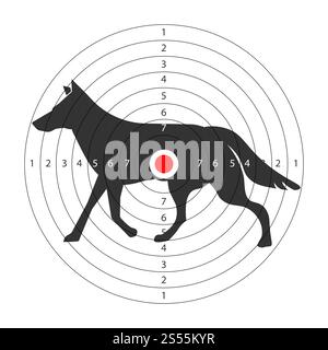 Target for shooting gallery with wild wolf silhouette. Round aim with animal for hunters to train. Black wolf with red point on side goal isolated cartoon vector illustration on white background.. Target for shooting gallery with wild wolf silhouette Stock Vector