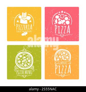 Set of grunge cafe pizzeria labels or badges. Banners with vector doodle pizza elements. Vector illustration. Set of cafe pizzeria labels or badges. Banners with vector pizza Stock Vector