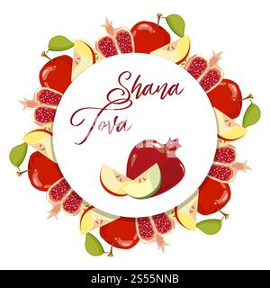Shana Tova Jewish New Year vector banner with fruits isolated on white illustration. Shana Tova Jewish New Year vector banner with fruits Stock Vector