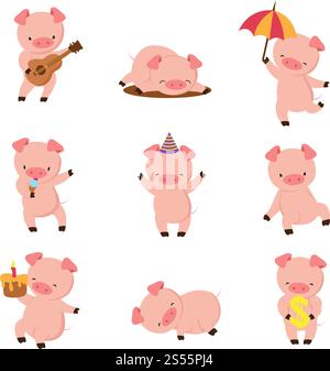 Cartoon pig. Cute smiling pigs playing in mud. Vector farm animal character set. Illustration of pig in mud, fun farm swine. Cartoon pig. Cute smiling pigs playing in mud. Vector farm animal character set Stock Vector