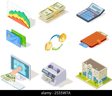 Bank isometric icons. Internet banking, money and checkbook, loans and cash currency, credit card business finance vector 3d symbols. Web banking icon, money isometric finance illustration. Bank isometric icons. Internet banking, money and checkbook, loans and cash currency, credit card business finance vector 3d symbols Stock Vector