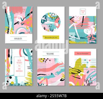Contemporary universal placards. Summer splatter, artworks covered in ink. Vector wedding banners and brochures. Freehand fashion colored splatter poster for wedding illustration. Contemporary universal placards. Summer splatter, artworks covered in ink. Vector wedding banners and brochures Stock Vector
