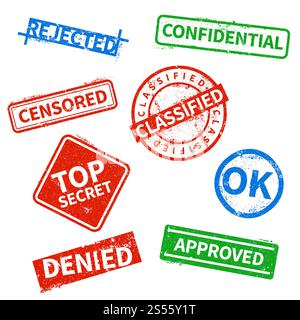 Top secret, rejected, approved, classified business rubber stamps, office cachet with distressed texture isolated on white background. Vector confidential print vintage illustration. Top secret, rejected, approved, classified business rubber stamps, office cachet with distressed texture isolated on white background Stock Vector