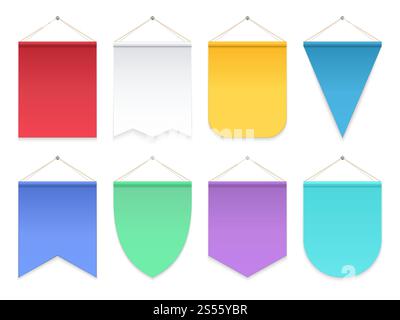 Color pennant. Triangle hanging banners and flags. Fabric football team pennants vector template. Illustration of colored banner vertical, empty blank for advertising or symbol. Color pennant. Triangle hanging banners and flags. Fabric football team pennants vector template Stock Vector