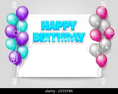 Happy Birthday greeting card vector template with blank paper sheet and flying realistic balloons illustration. Happy Birthday greeting card with paper sheet Stock Vector