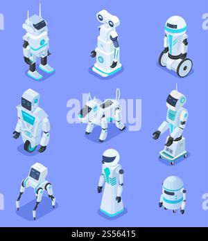Isometric robots. Isometric robotic home assistant security robot pet. Futuristic 3d robots with artificial intelligence. Vector set of robot intelligence for assistant, multitasking ai illustration. Isometric robots. Isometric robotic home assistant security robot pet. Futuristic 3d robots with artificial intelligence. Vector set Stock Vector