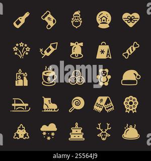 Winter xmas silhouette gold icons isolated on black background. Illustration of xmas and christmas gold icons, new year set icon. Winter xmas silhouette gold icons isolated on black background Stock Vector