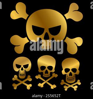 Gold piracy skulls icons of collection isolated on black background. Vector illustration. Gold piracy skulls icons isolated on black background Stock Vector