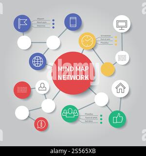 Mind map network diagram. Mindfulness flowchart infographic vector template. Process chart connection, business presentation diagram structure illustration. Mind map network diagram. Mindfulness flowchart infographic vector template Stock Vector