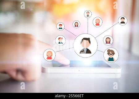 Womans hand touching on communication digital smartphone. Technology with flat people icon on mobile screen. Stock Photo