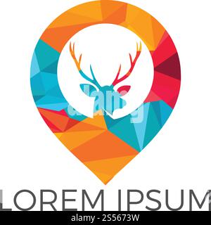 Deer and map pointer logo design. Deer locator logo design. Animal place icon. Stock Vector