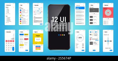 Mobil app interface. Ui, ux screen wireframe templates. Touchscreen application vector design. Illustration of ui application touchscreen, mock-up and gui, widget smartphone. Mobil app interface. Ui, ux screen wireframe templates. Touchscreen application vector design Stock Vector