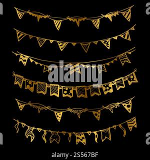 Gold holiday garlands with light bulbs party lights and flags vector set illustration. Gold holiday garlands with light bulbs vector set Stock Vector