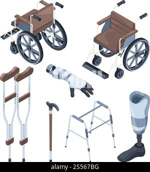 Isometric illustrations of wheelchair and other various objects for disabled peoples. Vector prosthesis equipment, crutch medical, prosthetic artificial foot and hand. Isometric illustrations of wheelchair and other various objects for disabled peoples Stock Vector