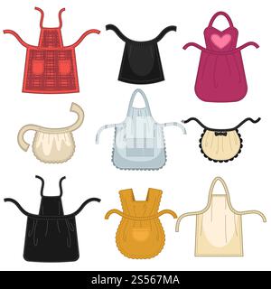 Aprons different isolated vector icons. Set of color houswife cloth aprons for kitchen cooking, sewing or maid and baby pinafore and waiter apron garment uniform. Aprons different isolated vector icons. Stock Vector