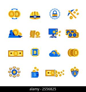 Bitcoin mining cryptocurrency electronic virtual money icons. Vector isolaed symbols of bitcoin in coins, computer server blockchain and digital wallet, sprivacy security shield and crypto key. Bitcoin cryptocurrency mining vector icons for electronic virtual money digital currency Stock Vector